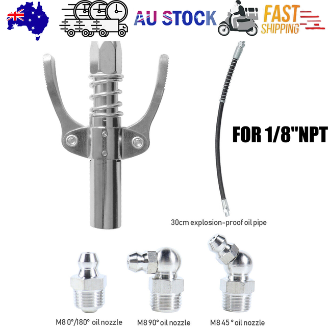 Grease Gun Coupler High Pressure Quick Release Lock Nozzles w/Hose For 1/8"NPT.
