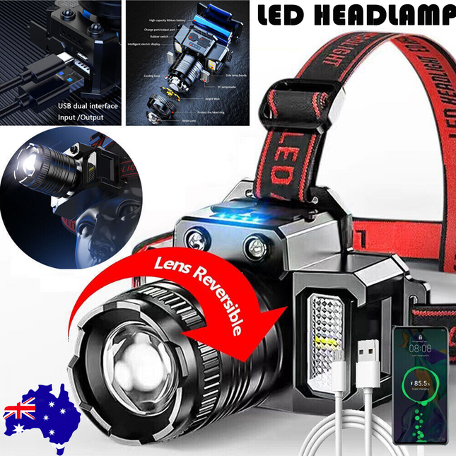 900000LM LED Headlamp Rechargeable Headlight Zoomable Head Torch Lamp Flashlight.