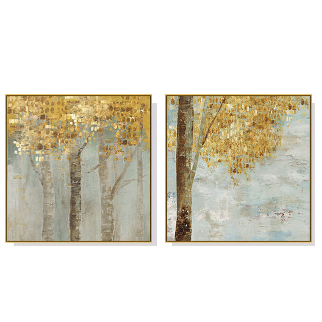 Wall Art 70cmx70cm Golden Leaves 2 Sets Gold Frame Canvas.