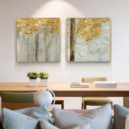 Wall Art 70cmx70cm Golden Leaves 2 Sets Gold Frame Canvas.