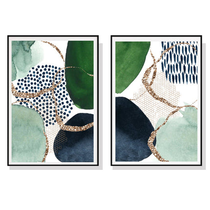 Wall Art 60cmx90cm Abstract Green and Navy 2 Sets Black Frame Canvas.