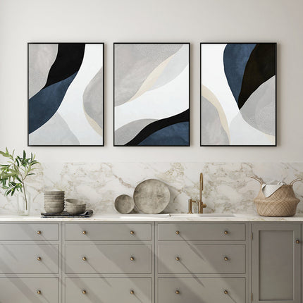 Wall Art 50cmx70cm Abstract Navy Blue 3 Sets Black Frame Canvas.