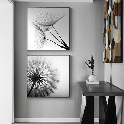Wall Art 40cmx40cm Black and white dandelion 2 Sets Black Frame Canvas.
