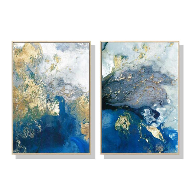 Wall Art 70cmx100cm Marbled Blue And Gold 2 Sets Gold Frame Canvas.