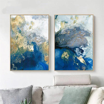 Wall Art 70cmx100cm Marbled Blue And Gold 2 Sets Gold Frame Canvas.
