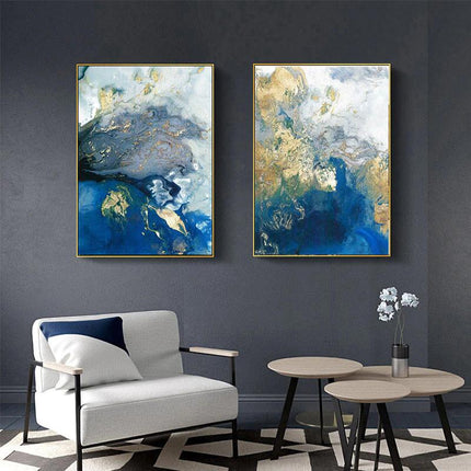 Wall Art 70cmx100cm Marbled Blue And Gold 2 Sets Gold Frame Canvas.