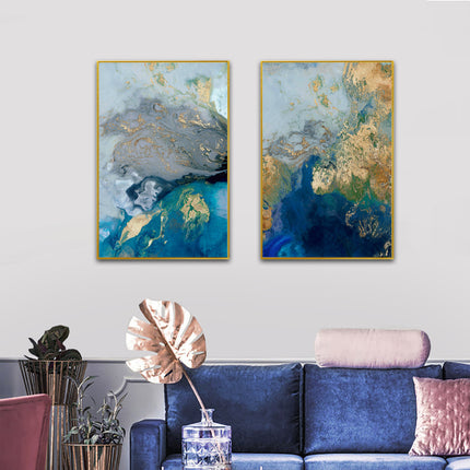 Wall Art 70cmx100cm Marbled Blue And Gold 2 Sets Gold Frame Canvas.