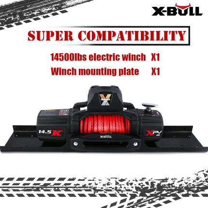 X-BULL 4x4 Electric Winch 12V 14500LBS synthetic rope with winch mounting plate.