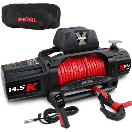 X-BULL 12V Electric Winch 14500LBS synthetic rope with winch cover.