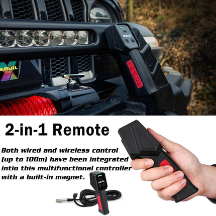 X-BULL 12V Electric Winch 14500LBS synthetic rope with winch cover.