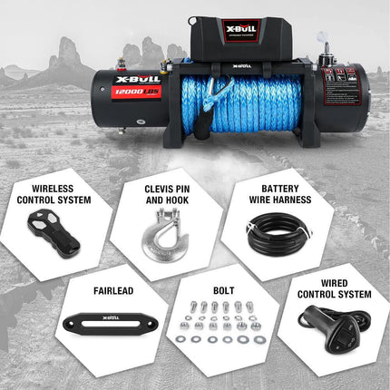 X-BULL 12000LBS Electric Winch 12V 4x4 synthetic rope 4WD Car with winch mounting plate.