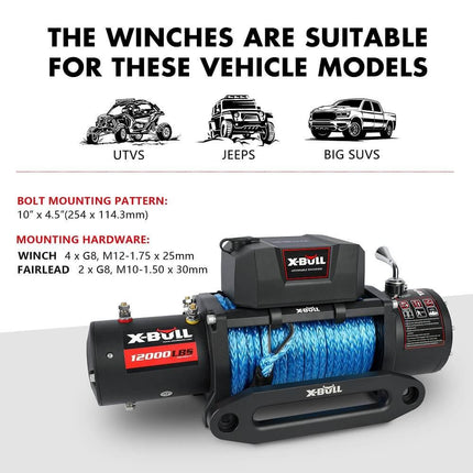 X-BULL 12V Electric Winch 12000LBS synthetic rope 4wd Jeep with winch cover.