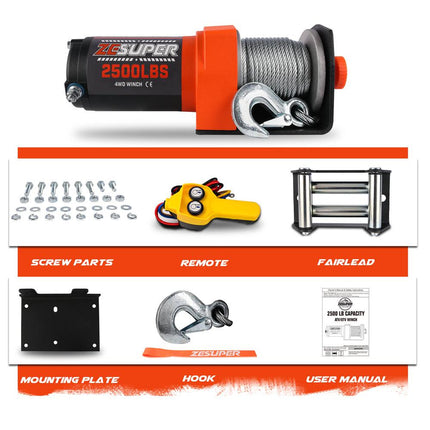 ZESUPER Electric Winch 2500LBS/1134KG 12V 15.2M Steel Cable ATV UTV 4WD 4X4 Boat.