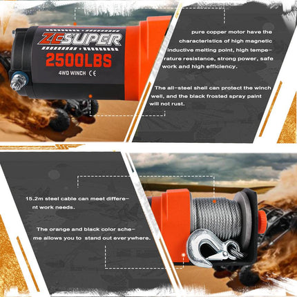 ZESUPER Electric Winch 2500LBS/1134KG 12V 15.2M Steel Cable ATV UTV 4WD 4X4 Boat.