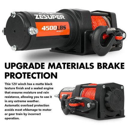 ZESUPER 12V Winch 4500LBS Electric Winch ATV Winch Synthetic Rope BOAT Trailer.