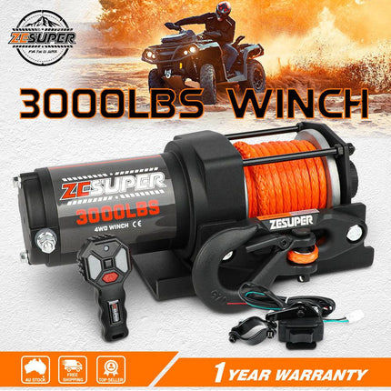 ZESUPER 12V Electric Winch 3000lbs Synthetic Rope Wireless Remote ATV UTV BOAT.