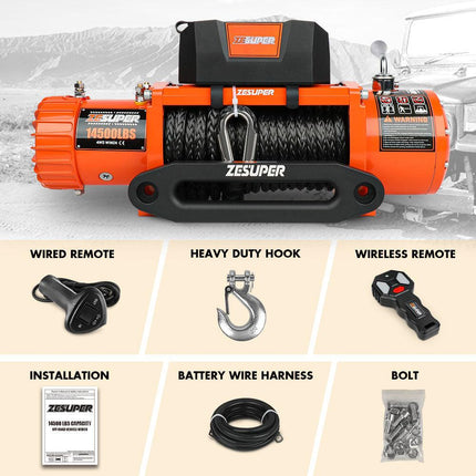 ZESUPER 12V Electric Winch 14500lbs Synthetic Rope Wireless Remote ATV UTV 4WD.