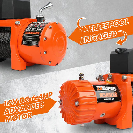 ZESUPER 14500lbs Electric Winch 12V Synthetic Rope Wireless Remote 4X4 4WD Car.