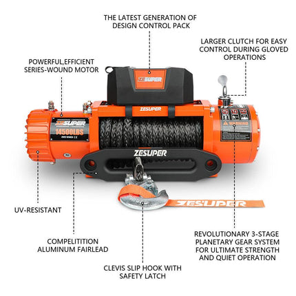 ZESUPER 14500lbs Electric Winch 12V Synthetic Rope Wireless Remote 4X4 4WD Car.