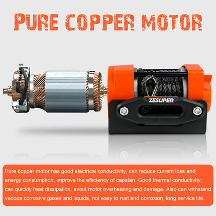 ZESUPER 12V Electric Winch 4500lb Synthetic Rope Boat Winch ATV Winch Trailer Winch 4WD.
