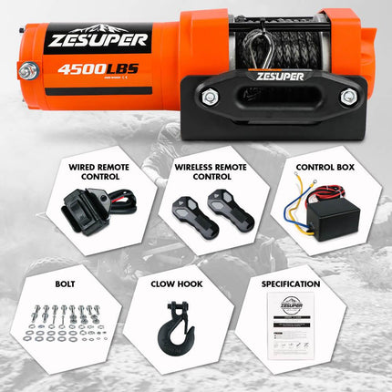 4500lb Electric Winch 12V Synthetic Rope Wireless RemoteX2 ATV Winch Kit Boat Winch UTV 4WD Orange.