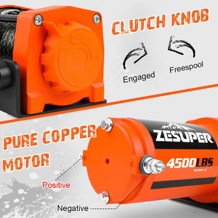 4500lb Electric Winch 12V Synthetic Rope Wireless RemoteX2 ATV Winch Kit Boat Winch UTV 4WD Orange.