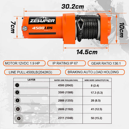 ZESUPER 4500lb Electric Winch 12V Synthetic Rope Boat Winch ATV Winch Kit Boat Winch UTV 4WD Wireless RemoteX2 Orange.