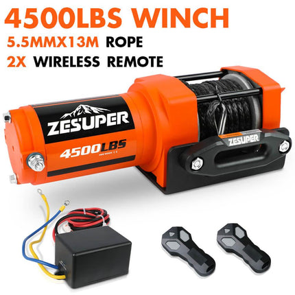 ZESUPER 4500lb Electric Winch 12V Synthetic Rope Boat Winch ATV Winch Kit Boat Winch UTV 4WD Wireless RemoteX2 Orange.