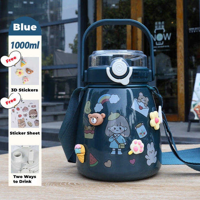 1000ml Large Water Bottle Stainless Steel Straw Water Jug with FREE Sticker Packs (Blue).