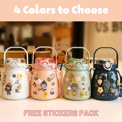 1000ml Large Water Bottle Stainless Steel Straw Water Jug with FREE Sticker Packs (Pink).