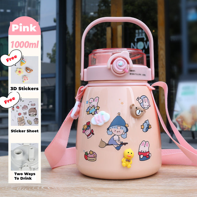 1000ml Large Water Bottle Stainless Steel Straw Water Jug with FREE Sticker Packs (Pink).