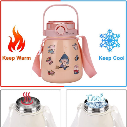 1000ml Large Water Bottle Stainless Steel Straw Water Jug with FREE Sticker Packs (Pink).