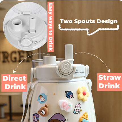 1000ml Large Water Bottle Stainless Steel Straw Water Jug with FREE Sticker Packs (Pink).