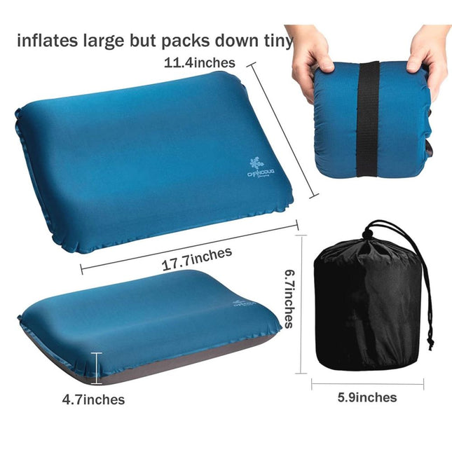 Self Inflating Camping Pillow with Ergonomic 4D Support - Blue.