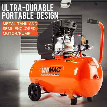 UNIMAC Portable Electric Air Compressor, 50L 3HP Direct Drive, Includes 5pc Air Tool Kit.