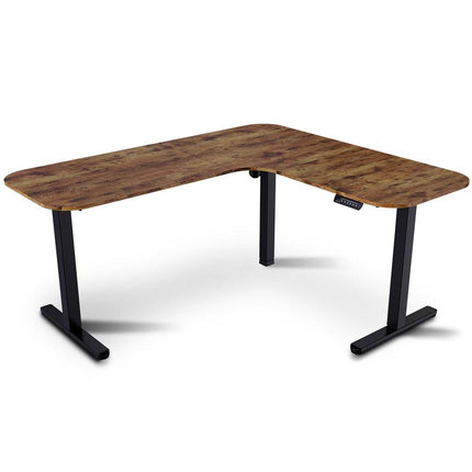 FORTIA Corner Standing Desk, 160x140cm, 72-118cm Sit to Stand Up Electric Height Adjustable, Walnut Style Desktop/Black Frame.