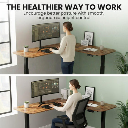 FORTIA Corner Standing Desk, 160x140cm, 72-118cm Sit to Stand Up Electric Height Adjustable, Walnut Style Desktop/Black Frame.