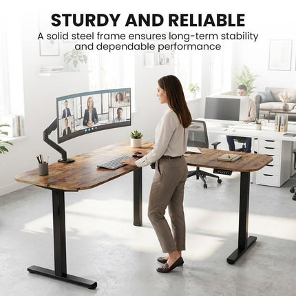 FORTIA Corner Standing Desk, 160x140cm, 72-118cm Sit to Stand Up Electric Height Adjustable, Walnut Style Desktop/Black Frame.