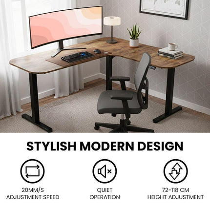 FORTIA Corner Standing Desk, 160x140cm, 72-118cm Sit to Stand Up Electric Height Adjustable, Walnut Style Desktop/Black Frame.