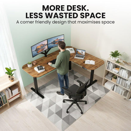 FORTIA Corner Standing Desk, 160x140cm, 72-118cm Sit to Stand Up Electric Height Adjustable, Walnut Style Desktop/Black Frame.