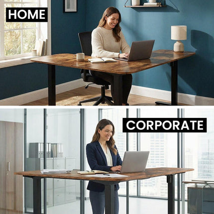 FORTIA Corner Standing Desk, 160x140cm, 72-118cm Sit to Stand Up Electric Height Adjustable, Walnut Style Desktop/Black Frame.