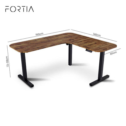 FORTIA Corner Standing Desk, 160x140cm, 72-118cm Sit to Stand Up Electric Height Adjustable, Walnut Style Desktop/Black Frame.