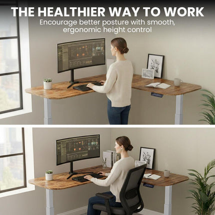 FORTIA Corner Standing Desk, 160x140cm, 72-118cm Sit to Stand Up Electric Height Adjustable, Walnut Style Desktop/Silver Frame.