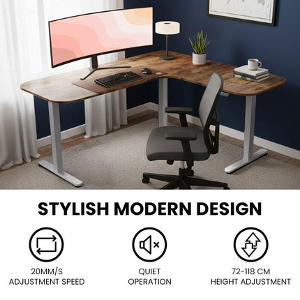 FORTIA Corner Standing Desk, 160x140cm, 72-118cm Sit to Stand Up Electric Height Adjustable, Walnut Style Desktop/Silver Frame.