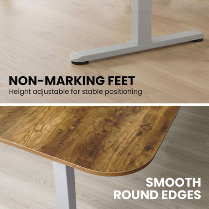 FORTIA Corner Standing Desk, 160x140cm, 72-118cm Sit to Stand Up Electric Height Adjustable, Walnut Style Desktop/Silver Frame.
