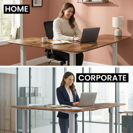 FORTIA Corner Standing Desk, 160x140cm, 72-118cm Sit to Stand Up Electric Height Adjustable, Walnut Style Desktop/Silver Frame.