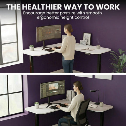 FORTIA Corner Standing Desk, 160x140cm, 72-118cm Sit to Stand Up Electric Height Adjustable, White Desktop/Black Frame.