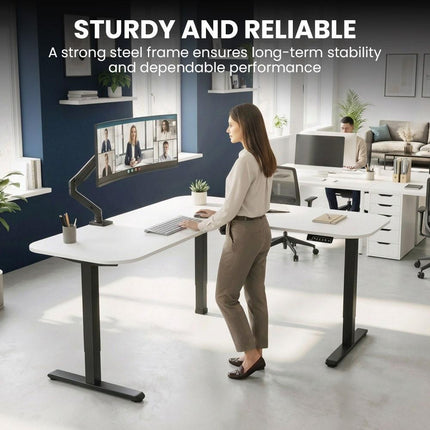 FORTIA Corner Standing Desk, 160x140cm, 72-118cm Sit to Stand Up Electric Height Adjustable, White Desktop/Black Frame.
