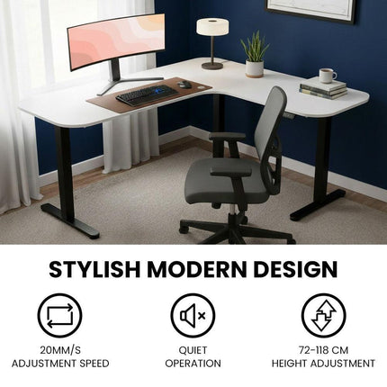 FORTIA Corner Standing Desk, 160x140cm, 72-118cm Sit to Stand Up Electric Height Adjustable, White Desktop/Black Frame.