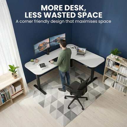 FORTIA Corner Standing Desk, 160x140cm, 72-118cm Sit to Stand Up Electric Height Adjustable, White Desktop/Black Frame.